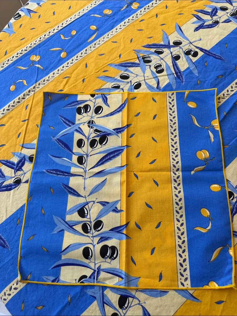 Vintage French Blue and Yellow Tablecloth